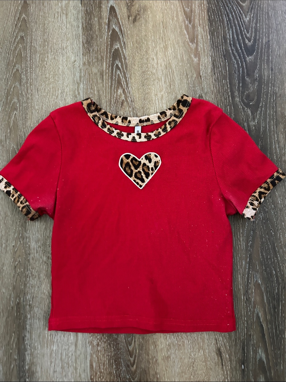 Source Unknown Red Short Sleeve Tee with Leopard Trim and Heart Patch